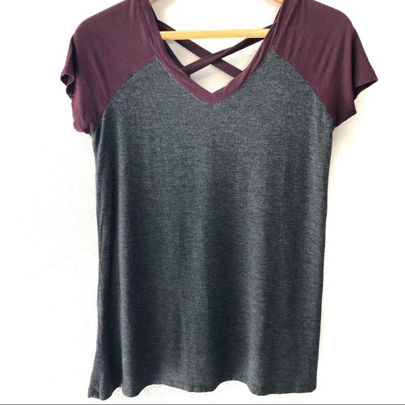 Vanity short sleeve tee strappy open back V-neck purple gray stretchy Size XS - Picture 1 of 3